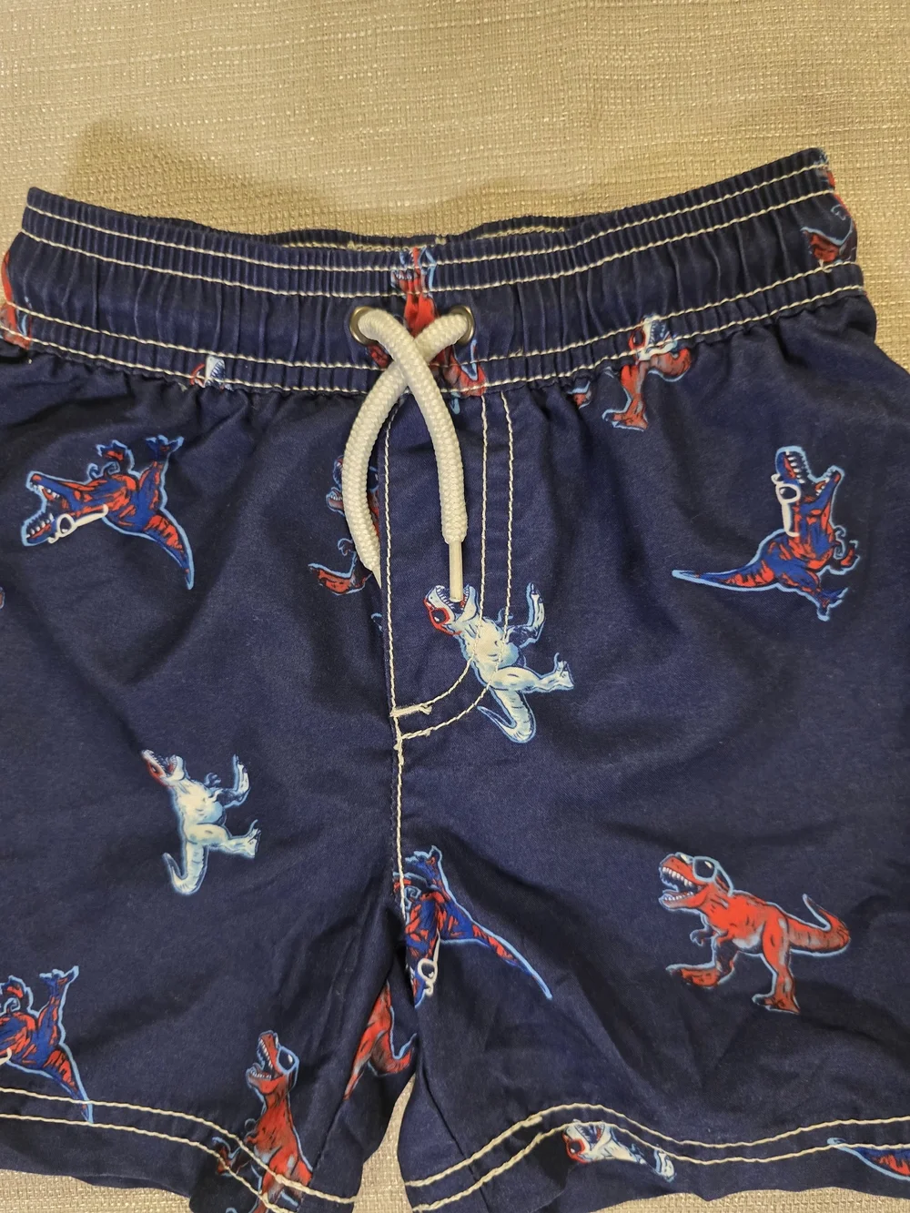 Boys Navy Dino Print Swim Trunks - Red & Light Blue Dinosaurs